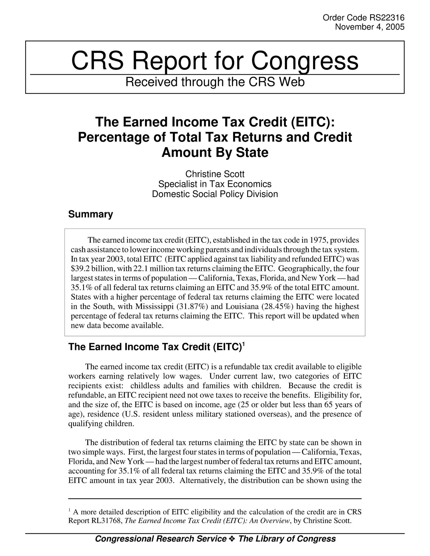 The Earned Income Tax Credit (EITC): Percentage of Total Tax Returns and Credit Amount by State
                                                
                                                    [Sequence #]: 1 of 5
                                                
