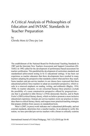 A Critical Analysis of Philosophies of Education and INTASC Standards in Teacher Preparation