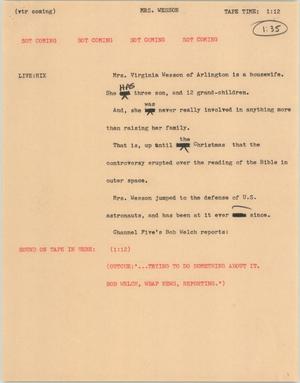 Primary view of [News Script: Mrs. Wesson]