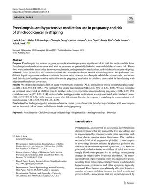 Preeclampsia, antihypertensive medication use in pregnancy and risk of childhood cancer in offspring