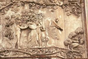 Primary view of Adam and Eve Eating the Forbidden Fruit and God Discovering Them, north doors trumeau relief, Orvieto Cathedral, Orvieto, Italy