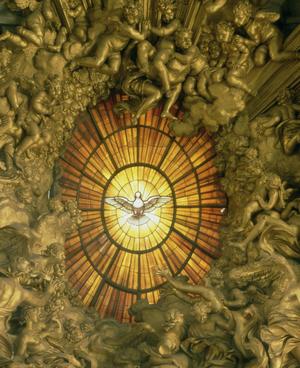 Primary view of Stained Glass Window, Glory, and Sculpted Figures Behind the Chair of Saint Peter in St. Peter's Basilica