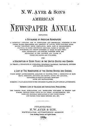 Primary view of N. W. Ayer & Son's American Newspaper Annual: containing a Catalogue of American Newspapers, a List of All Newspapers of the United States and Canada, 1896
