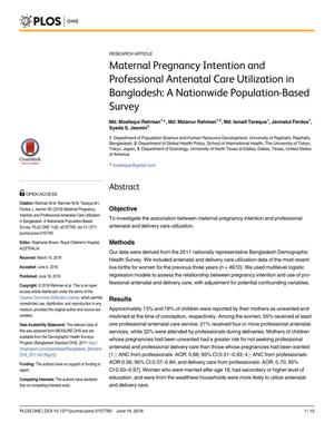 Maternal Pregnancy Intention and Professional Antenatal Care Utilization in Bangladesh: A Nationwide Population-Based Survey