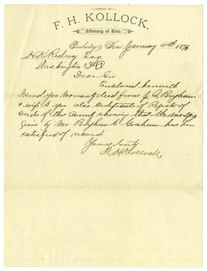 Primary view of [Letter from F. H. Kollock to H. K. Redway, January 6, 1876]