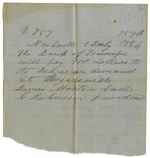 Primary view of [Promissory note  from Bank of Tennessee, July 1, 1854]