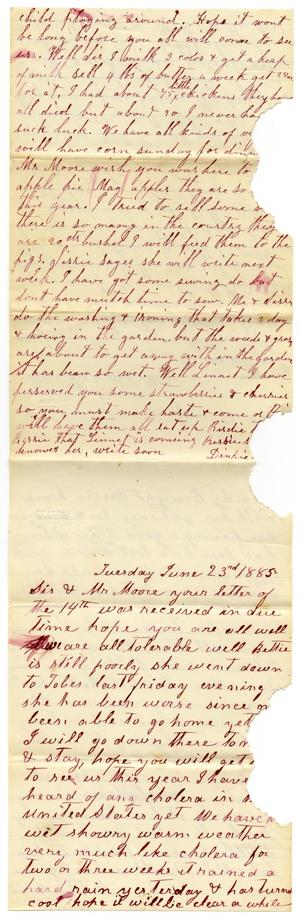 Primary view of [Letter from Matilda Dodd and Adelitia McGee to Mary Ann and Charles B. Moore, June 23, 1885]
