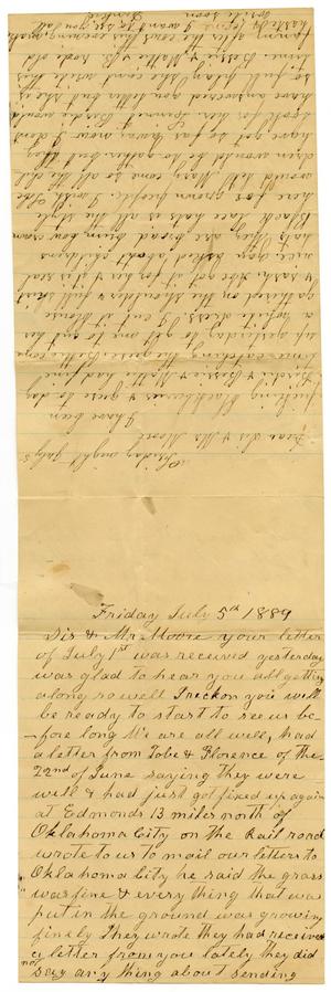 Primary view of [Letter from Matilda Dodd and Dinkie McGee to Mr. Moore and Sis, July 5, 1889]